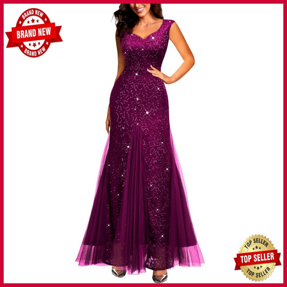 Elegant Sequin Lace Evening Dress V Neck Sleeveless Formal Party Gown